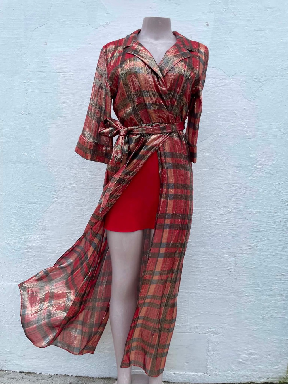 Alice + Olivia Red Plaid Metallic High-Low Wrap Dress